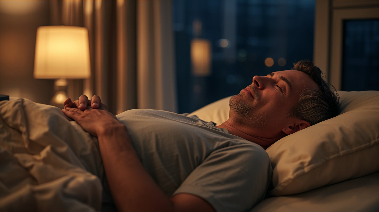 Mann liegt nachts ruhig im Bett und richtet seine Aufmerksamkeit auf den Körper