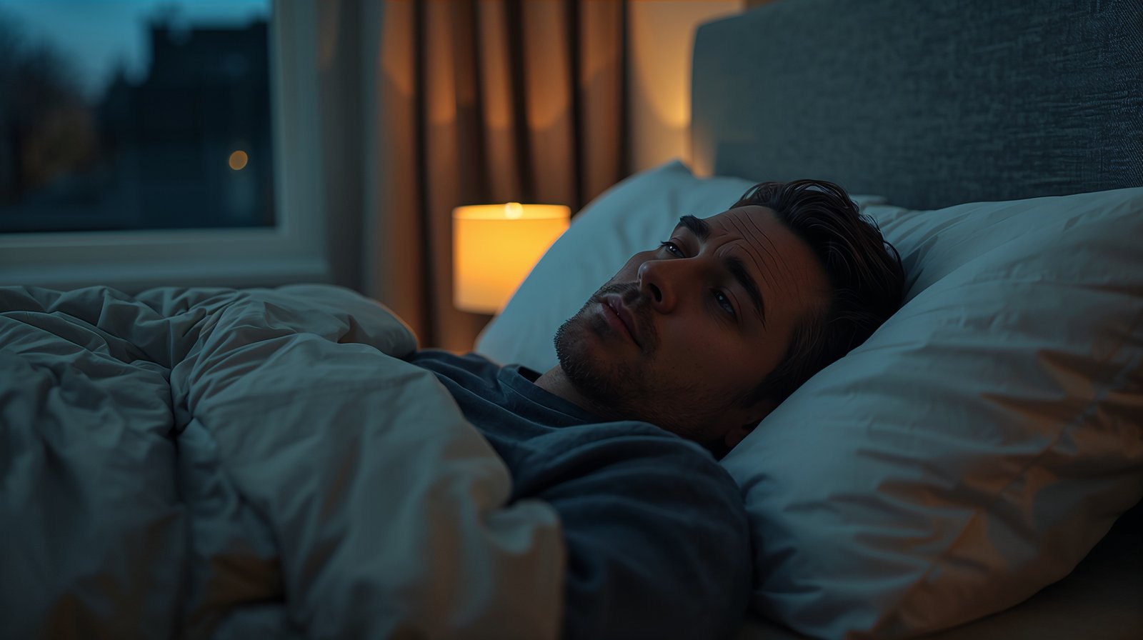 Nachdenklicher Mann liegt nachts wach im Bett, während seine Gedanken kreisen