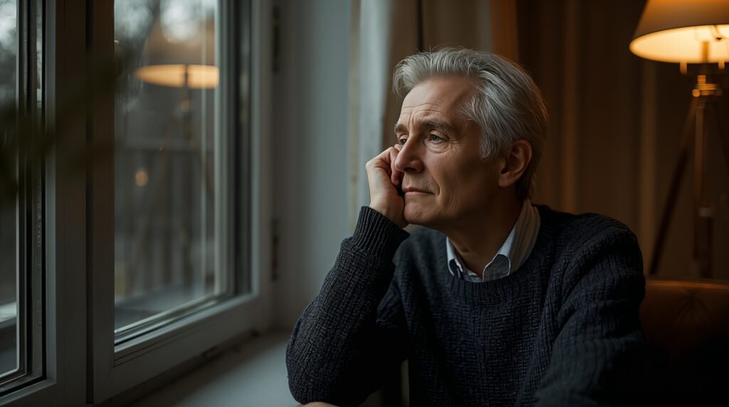 Person am Abend mit kreisenden Gedanken und dem Wunsch, das Gedankenkarussell zu stoppen