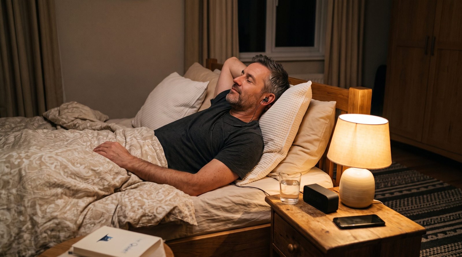 Mann genießt vor dem Schlafengehen eine ruhige Abendroutine im Schlafzimmer