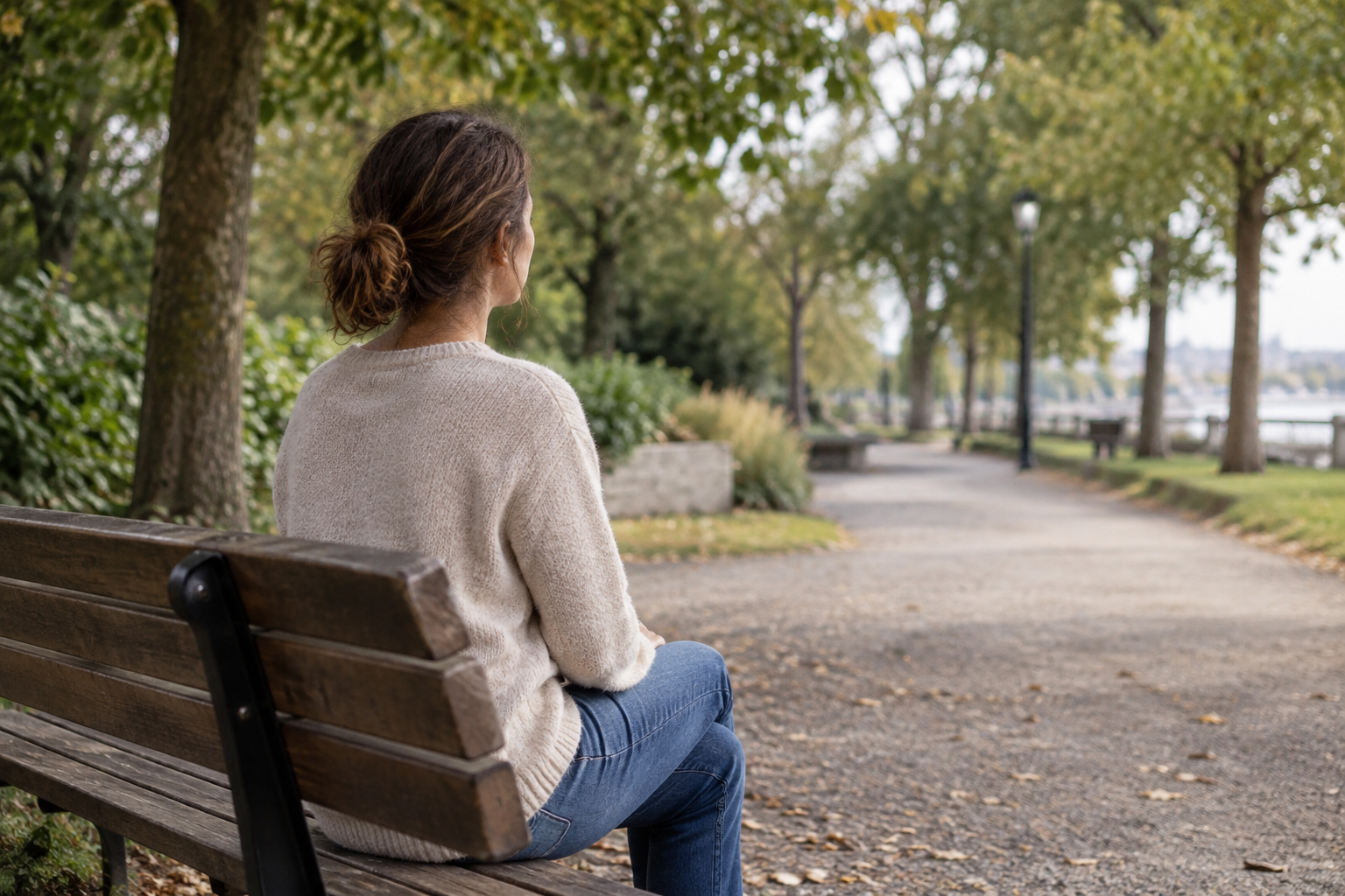 Eine Frau sitzt allein auf einer Parkbank und blickt auf einen baumgesäumten Weg.