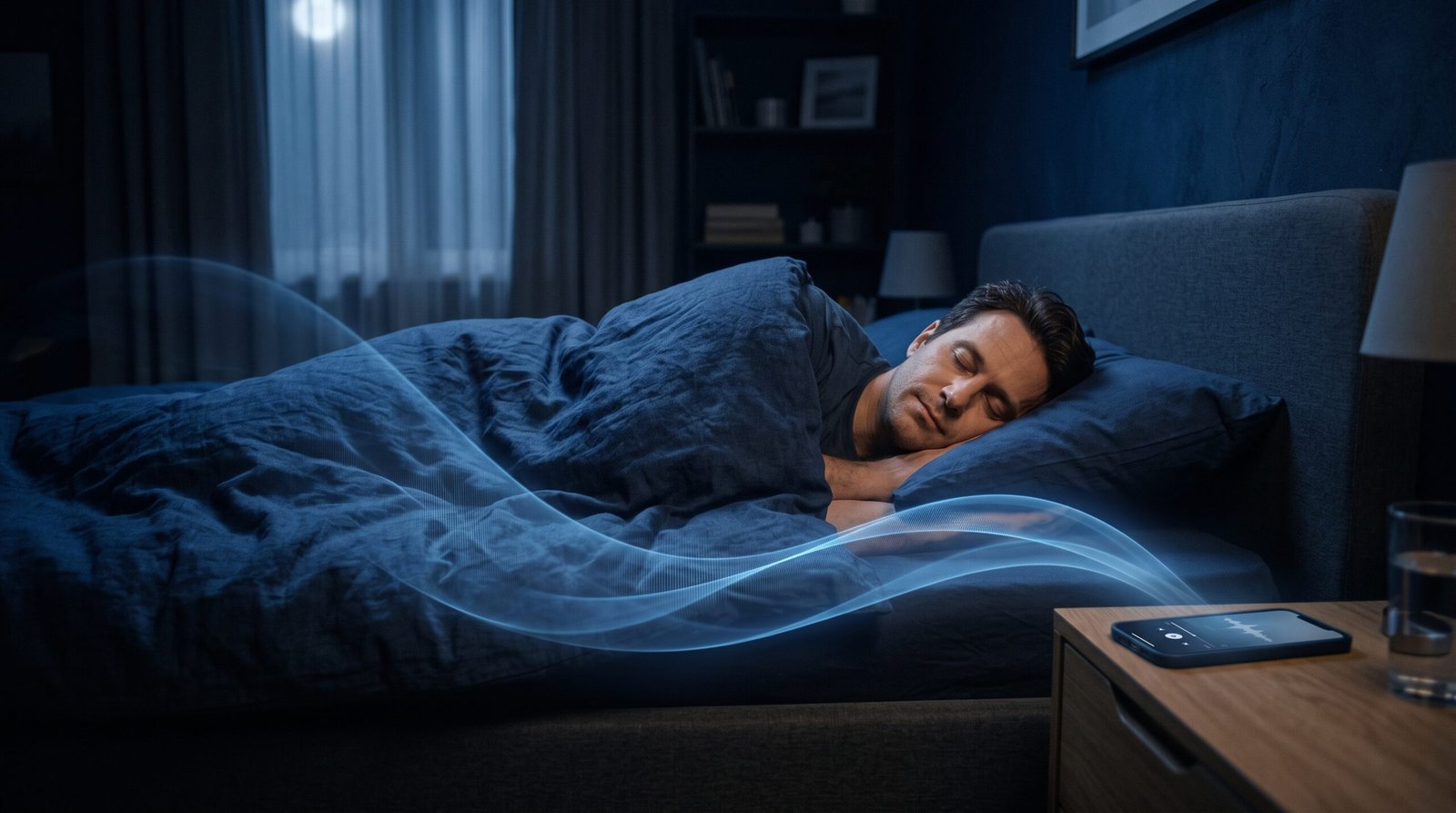 Entspannter Mann liegt nachts im Bett, während auf dem Nachttisch ein Smartphone mit Audio-Session und sanfte blaue Klangwellen zu sehen sind