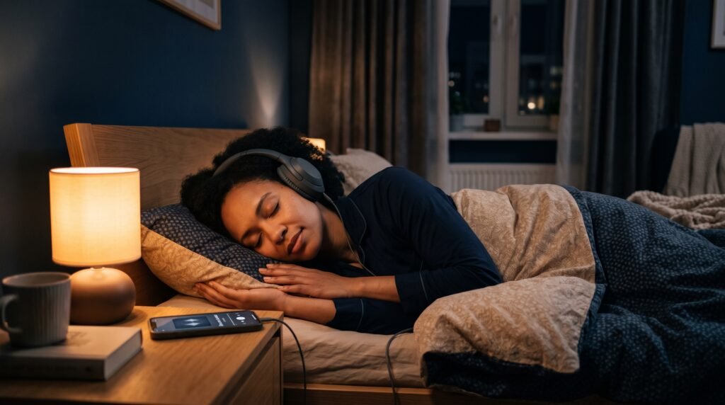 Person liegt abends entspannt im Bett und hört mit Kopfhörern binaurale Beats zum Einschlafen