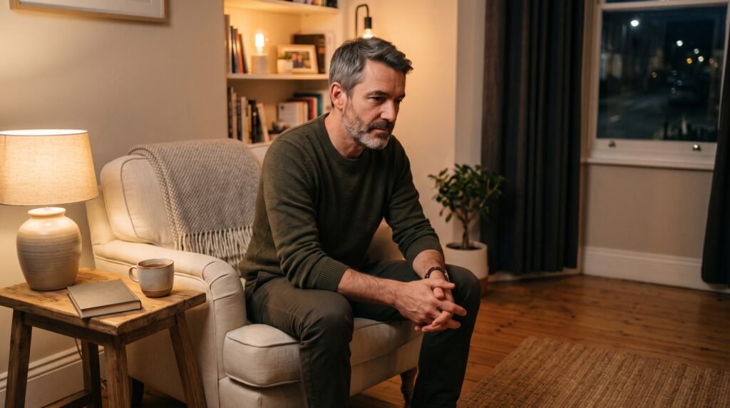Nachdenklicher Mann sitzt abends auf einem Sofa im Wohnzimmer