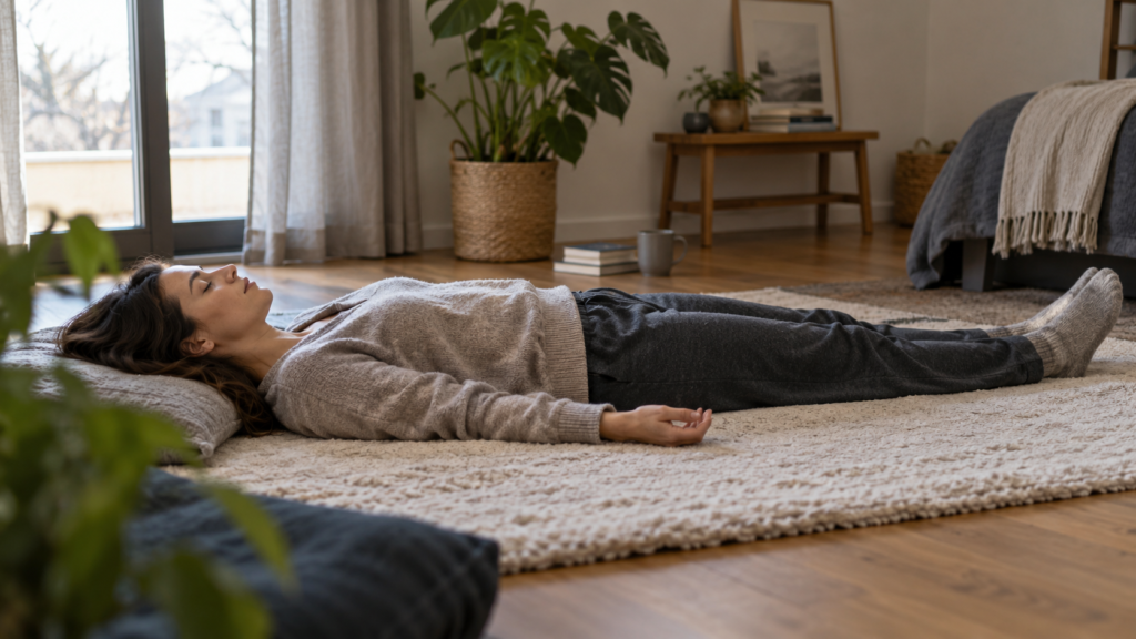 Person meditiert im Liegen trotz vieler Gedanken