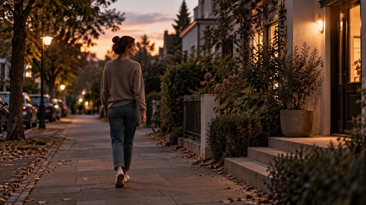 Person geht nach Feierabend bewusst durch eine ruhige Straße