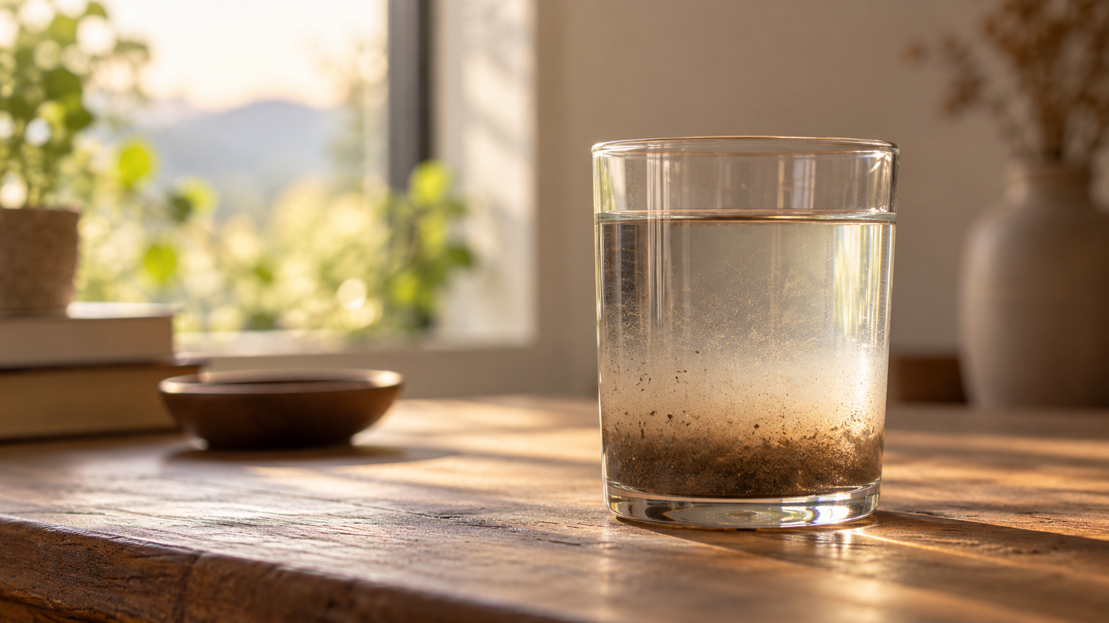 Glas mit Wasser und abgesetztem Schlamm als Symbol dafür, Gedanken zur Ruhe kommen zu lassen